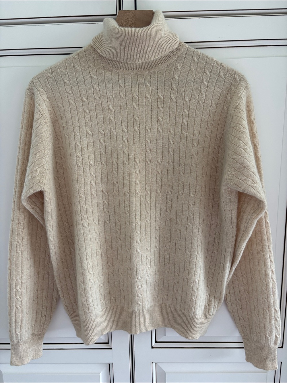 Vtg Valerie Steven’s Cable Knit 2 Ply Cashmere Turtleneck Sweater Cream Womens L